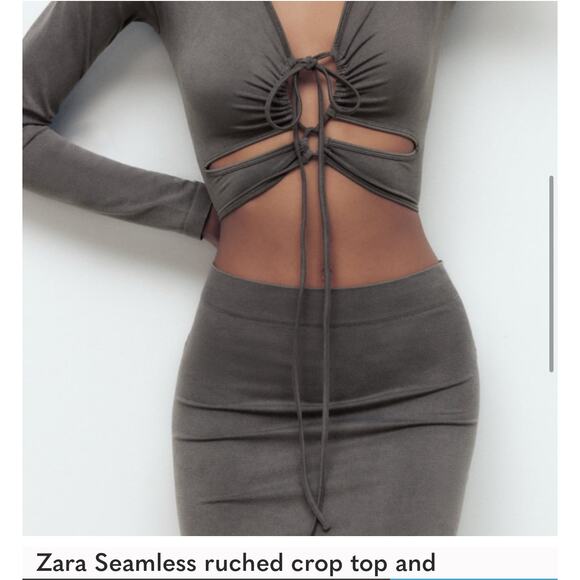 ZARA Charcoal Grey Ruched Tie Front Long Sleeve Crop Top - Sexy & Trendy - Picture 5 of 9